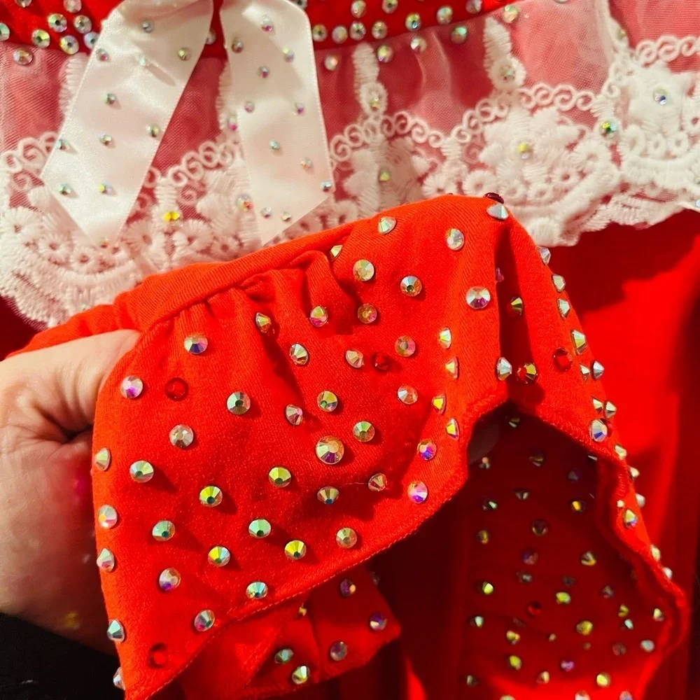 Red Long Sleeve Nightgown-Lace Trim & Crystals-Christmas/Polar Express/Santa